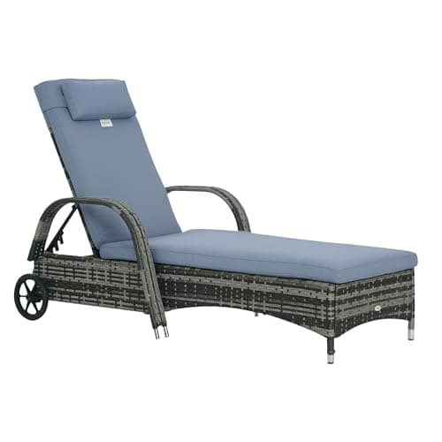 Image of Outsunny Rattan Sun Lounger, Garden Lounger Recliner with Wheels and Adjustable Backrest, Outdoor Reclining Sunbed Garden Chair with Cushion and Headrest for Patio, Beach, Terrace, Grey