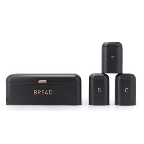 Image of Salter Pebble 4-Piece Countertop Set - Includes Bread Bin, Tea, Sugar, Coffee Canisters, Storage Containers, Brass Effect Lettering, Durable Powder Coated Steel, Easy to Clean, Storage Jars, Charcoal