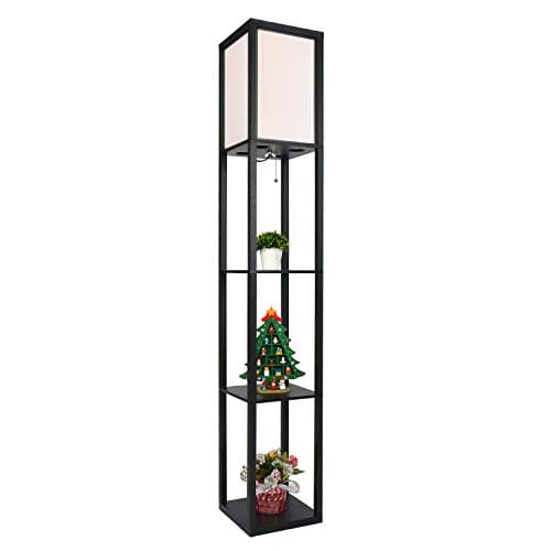 Image of PULUOMIS Floor Lamp with Shelves, 3 Layers Wooden Shelf Standing Light, Modern Reading Lamp for Bedroom, Living Room, Office, Home Decoration (Size:26x 26x 160 cm) (Without Bulb)-Black
