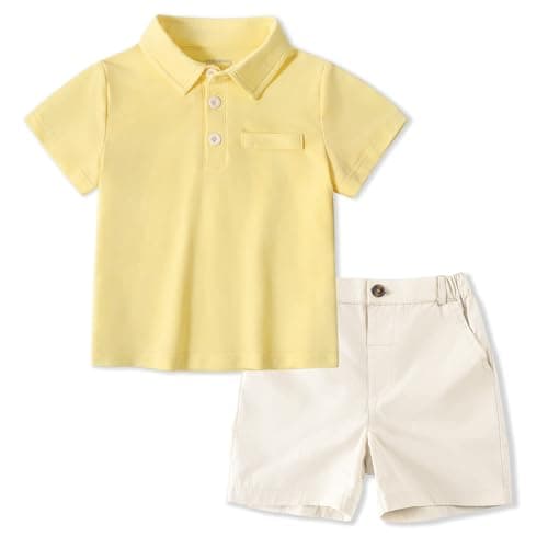 Image of Volunboy Toddler Boys Summer Clothes, Short Sleeve Polo Shirt Tops & Shorts Activewear Casual Sport Outfits 1-6 Years(Yellow,3-4 Years,Tag Size 110)