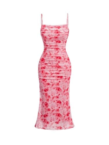 Image of GORGLITTER Women's Floral Ruched Fishtail Midi Cami Dress Bodycon Lettuce Trim Coquette Sundress Hot Pink X-Small