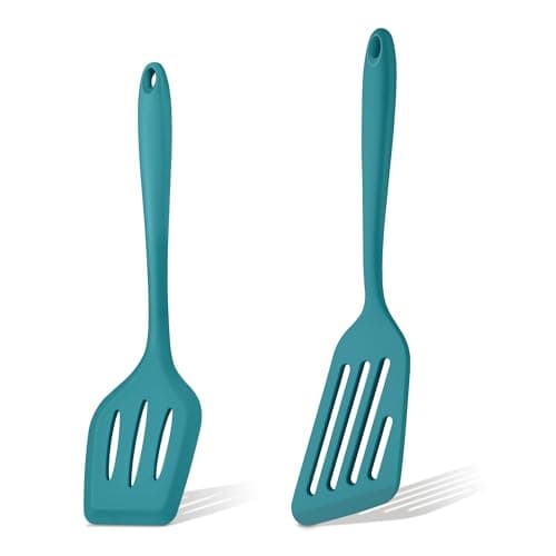 Image of Herogo Silicone Spatula, 2-Piece Slotted Fish Turner Spatula Set for Cooking, Heat Resistant Kitchen Utensils for Flipping Egg Pancakes Burgers, Non-Toxic and Non-Stick, Dishwasher Safe - Blue