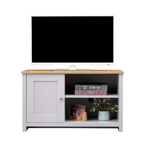 Image of FUSIDE Modern TV Stand Unit with 1 Door and Adjustable Shelves 85cm Media Console for up to 50 inch TVs,Storage Cabinet & Oak Top, White/Grey (Grey+Oak)