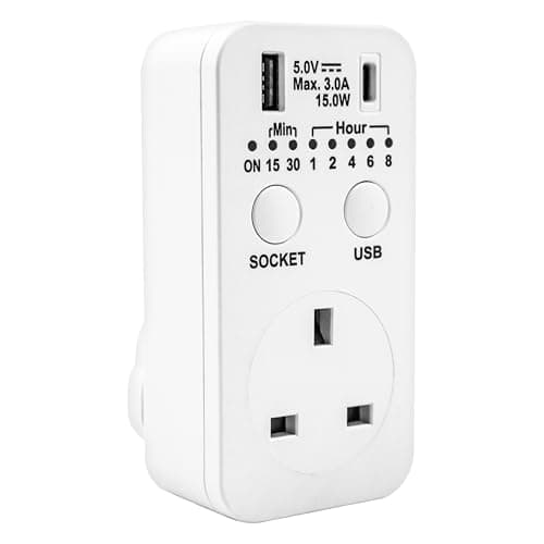 Image of Uni-Com Countdown Plug-in Timer, UK 3 Pin Plug, USB-A & USB-C Sockets, Energy Saving, 7 Timer options for Operating Home Appliances & Electrical Devices, White