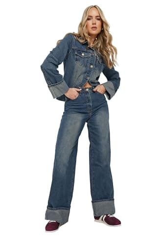 Image of Long Tall Sally - LTS Tall Dark Washed Denim Turn Up Wide Leg Jeans - Women's