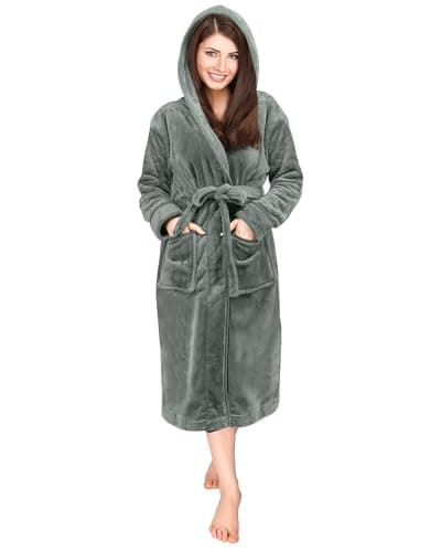 Image of NY Threads Luxury Ladies Hooded Dressing Gown Super Soft Fleece Women's Robe Comfortable Loungewear and Nightwear, Steel Grey, Medium
