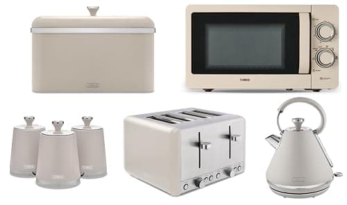 Image of Tower Cavaletto Latte Pyramid Kettle, 4 Slice Toaster, 800W 20L Microwave T24042MSH, Bread Bin & Canisters Set. Contemporary Matching Kitchen Set of 7 in Latte Colour, TWRCAVPJT4MICBBCANSLATTE