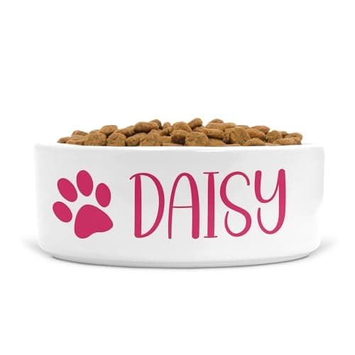 Image of Personalised Ceramic Dog Bowl Paw Print - Ideal for Food & Water Bowls Size Small-Medium Dogs (Raspberry print, Text Style HA)