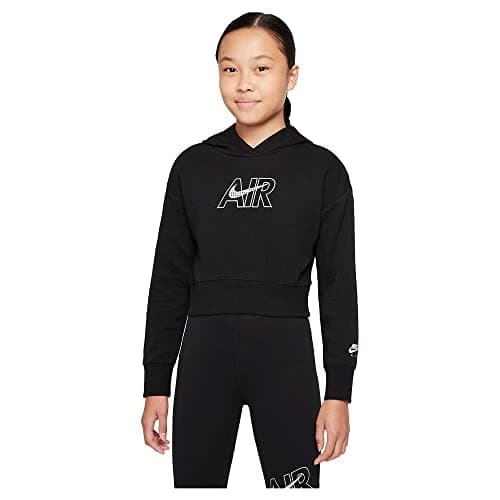 Image of NIKE Girl's Air Ft Hooded Sweatshirt, Black/White/Lt Smoke Grey, 13 Years UK