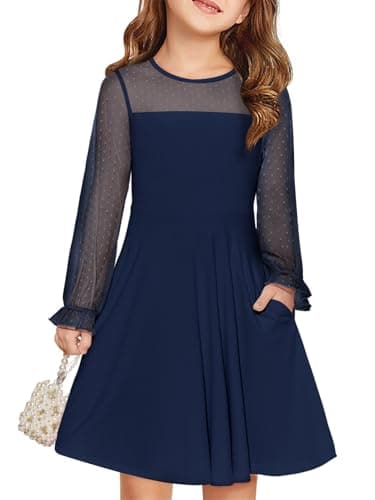 Image of Haloumoning Dresses Girls Festive Princess Dress Kids Contrast Mesh Long Sleeve Puff Summer Dresses Elegant A-line Round Neck Party Dress with Pockets for 6-14 Years, Navy, 9-10 Years
