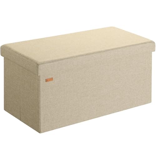 Image of CASARIA® Large Linen Look Foldable Ottoman Chest Bench with Padded Footrest Footstool Lid | 80x40x40cm | 100 Litres | Decorative Shoe Storage Box | Lounge Bedroom Hallway Furniture | Cream/Beige