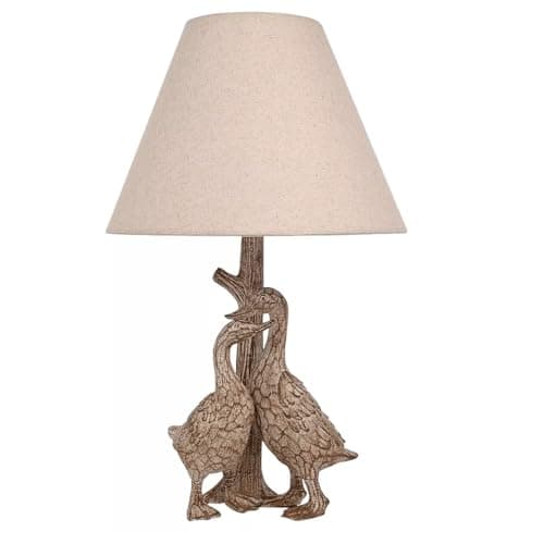 Image of Britalia Duck Table Lamp, Wood Effect Resin, Linen Drum Shade, E27, 46cm x 27cm, Inline Switch
