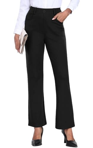 Image of GRECERELLE Black Trousers Women Ladies Stretchy Work Office Elasticated Waist Straight Leg Yoga Pants with Pockets (Black, M)