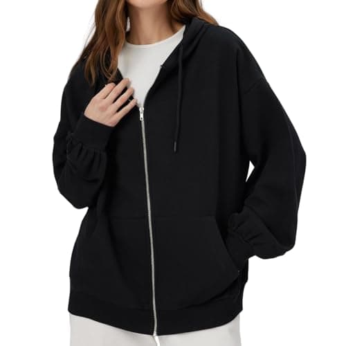 Image of JiaYouLC Women's Lightweight Hoodie with Pockets Solid Color Long Sleeve Zip Up Sweatshirt for Ladies UK (UK, Alpha, XXL, Regular, Regular, Black)
