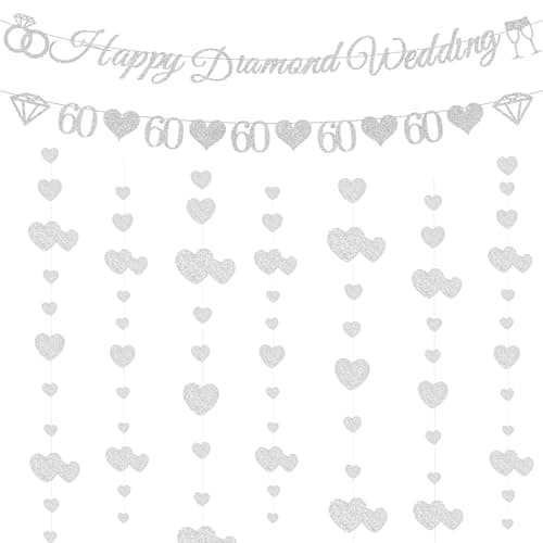 Image of Happy 60th Wedding Anniversary Decorations - Diamond Wedding Banner With Diamond and Number 60 Bunting, Glitter Hearts Garland 60th Diamond Anniversary Party Supplies