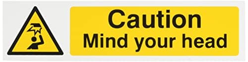 Image of Scan SCA5110 Self adhesive PVC sign - Caution Mind your head - White, 200 x 50mm