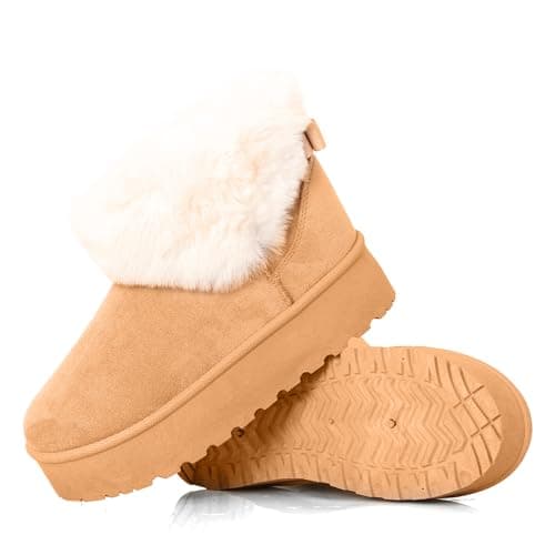 Image of Women’s Faux Fur Lined Platform Ankle Boots, Warm Winter Suede-Effect Slip On Short Boots with Non Slip Sole, Cosy Outdoor (CAMEL, One Size, Adult, Women, 7, Numeric, UK Footwear Size System, Medium)