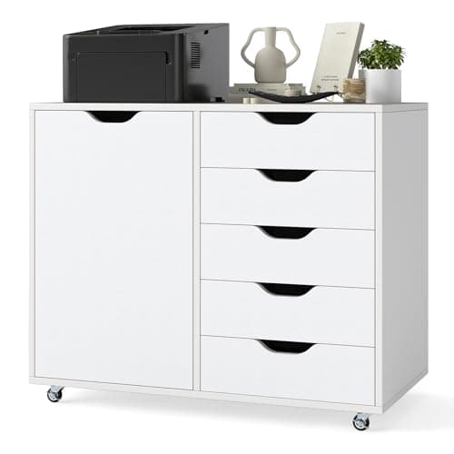 Image of COSTWAY Mobile File Cabinet, 4/5 Drawers Lateral Stationery Storage Organiser Chest with Wheels and 1/2 Doors, Home Office Printer Stand Side Filing Cupboard (White-5 Drawers, 78 x 40 x 65cm)