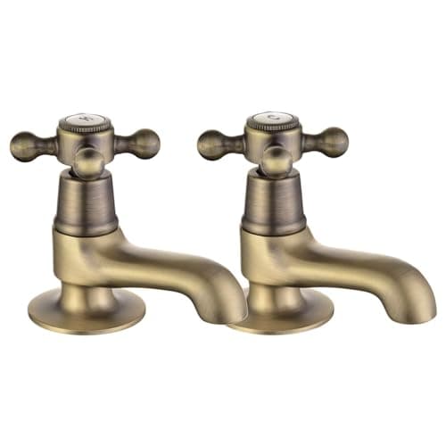 Image of Basin Pillar Taps Pair Antique Brushed Bronze Twin Bathroom Sink Mixer Taps Cross Lever Bathroom Faucets 2pcs Victorian Traditional Classic Peppermint
