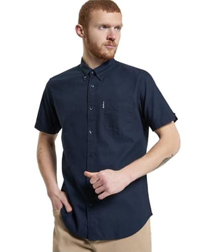 Image of Ben Sherman Men's Button-Down Collar Signature Oxford Shirt, Tab Logo Pocket, Short Sleeved, Regular Fit (Dark Navy.) XL