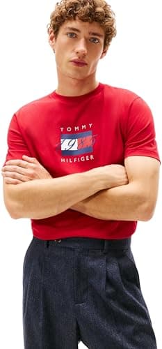 Image of Tommy Hilfiger Men’s Short Sleeve Linear Flag Graphic Regular Fit T-Shirt, Red (Medium Red), XXL