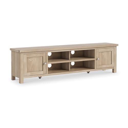 Image of Farro Oak 180cm Extra Large TV Unit for Living Room | Roseland Furniture Solid Wooden Washed Oak Television Table with Cabinet Storage Suitable for 65 inch TV | Fully Assembled