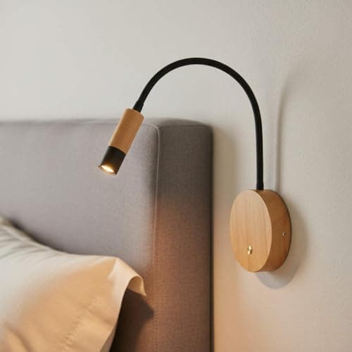 Image of Ultra Beam Lighting Beech Wood Flexible LED Reading Lamp – 3W Warm White 3000K, Adjustable Wooden Gooseneck Bedside/Wall‑Mounted Light with Touch On/Off Switch – Modern Natural Wood Reading Light