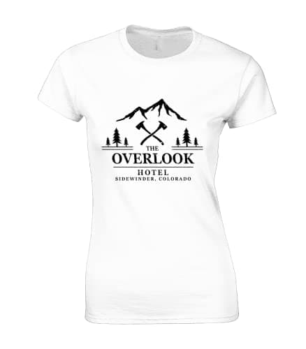 Image of Crown Designs Overlook Hotel Classic Horror Movie Inspired Premium Quality Fitted T-Shirt Top for Women and Teens - White / 6-8