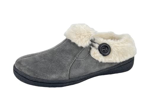 Image of Clarks Womens Suede Leather Slipper with Gore and Bungee JMH2213 - Warm Plush Faux Fur Lining - Indoor Outdoor House Slippers For Women (Grey Premium Suede, 7), Grey, 4.5 UK