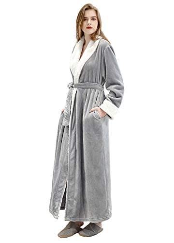 Image of PUTUO Womens Bathrobe Ladies Soft Fleece Dressing Gown Winter Warm Long Robes Housecoat Loungewear Fluffy Nightwear, Grey, XL