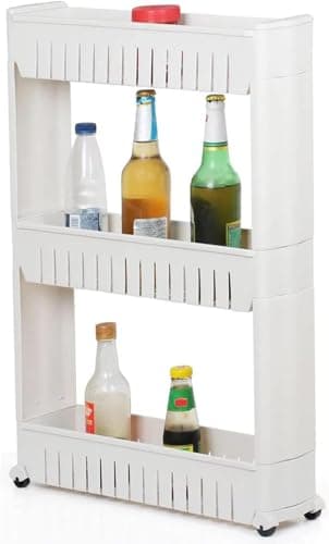Image of HYGRAD BUILT TO SURVIVE Slim Slide Out Kitchen Trolley, Storage Shelf, Moving Wall Cabinets Tower Holder Rack on Wheels, Rolling Storage Unit Cart for Kitchen, Bathroom, Laundry (White, 3 Tier)