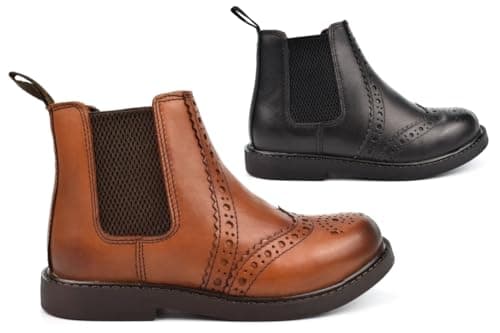 Image of Boys Real Leather Boots Boys Pull On School Shoes Size 13 Real Leather Boots Size 1 Brogue Ankle Boot Chelsea Boot Brogue Brogues Pull On Sizes 8 Child-5 Black/Tan 2 UK