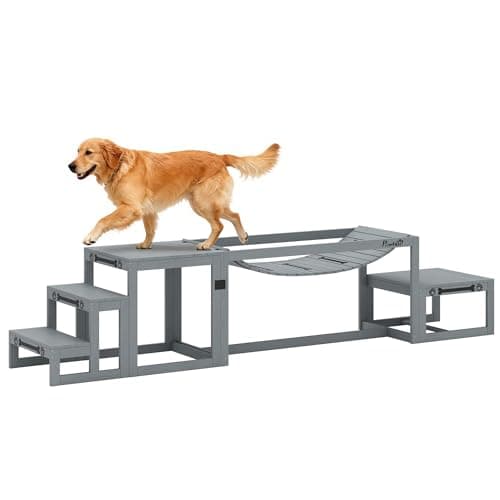 Image of PawHut Dog Agility Equipment 3 Pieces Wooden Dog Agility Set with Soft Bridge, Pause Platform and Pet Stair for Outdoor, Grey