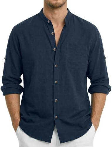 Image of Enlision Mens Navy Blue Linen Shirts Long Sleeve Grandad Shirts Henley Cotton Button Down Summer Beach Holiday with Pocket M