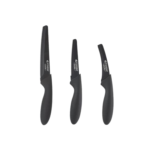 Image of Viners Assure 3 Piece Prep Knife Set Stainless Steel Blades with Squared Tips for Safety, Non-Stick Coating, Soft Grip Handles, Rust-Resistant, Includes Beak Peeling, Utility & Serrated Paring Knives