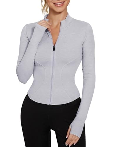 Image of IECCP Womens Running Jacket Long Sleeve Sports Yoga Worktout T-Shirt Fitness Gym Crop Tops Ladies Running Tee Shirts Full Zip Breathable Activewear with Thumb Holes Heather Grey