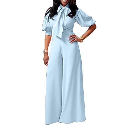 Image of VERWIN Plain Dressy Full Length Bowknot Women's Jumpsuit High Waist Woman Romper (XXL, Baby Blue)