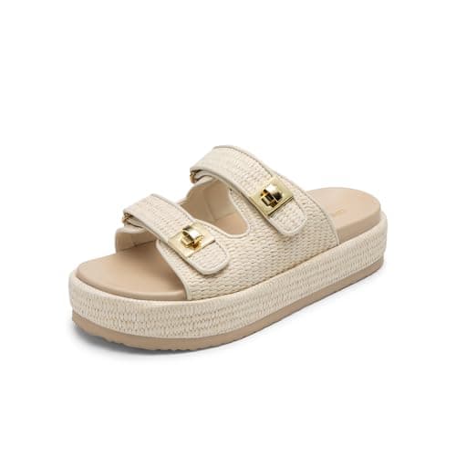 Image of DREAM PAIRS Platform Sandals Women Raffia Espadrilles Summer Comfortable Wedge Sandals Beach Vacation Adjustable Buckle Cute Slide Sandals,Size 6,Beige,SDWS26010W