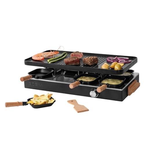 Image of BOSKA Raclette Gourmet Party – Tabletop Grill Set for 8 People – PFAS-Free – Ceramic Grill Plate – Beechwood Handles – Reversible Aluminum Griddle – Black