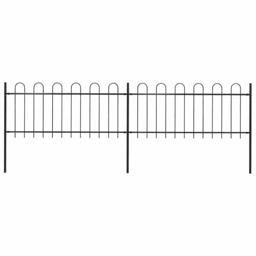 Image of vidaXL Decorative Garden Fence with Hoop Top, Strong Heavy-Duty Steel, Black, Powder-Coated, Easy to Assemble, Secure Outdoor Perimeter Barrier, 3.4x0.8 m