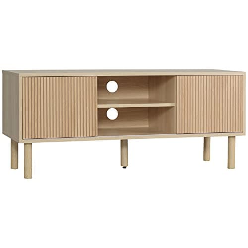 Image of HOMCOM TV Stand Cabinet, TV Unit for TVs up to 50", TV Cabinet with Storage Shelves, Sliding Doors and Cable Holes for Living Room, Bedroom, Natural Wood Finish