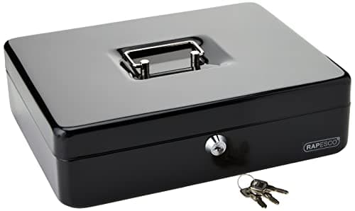 Image of Rapesco SB0012B1 Metal Cash Box with Lock, 3 Keys and Removable Tray, Size 12", Black