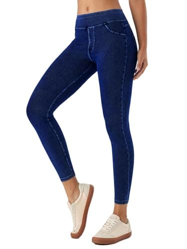 Image of LaiEr Women Skinny Jeans Cropped Tights Legging Mid-Rise Pull on Tummy Control Casual Fitness, Highly Elasticity Soft Fabric Casual Faux Denim Print Cropped Tight Yoga Pants(Dark BlueL)
