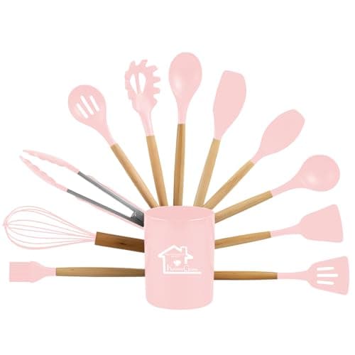 Image of AEX 12 Pcs Silicone Kitchen Utensils Set with Holder Heat Resistant Cooking Utensils for Non Stick Pans, Wooden Handle Spatula & Spoon Set Kitchen Tools Set (Pink)