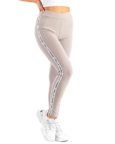 Image of FUTURO FASHION Women Leggings High Waisted with Panel Tummy Control with Side Stripe Stretchy Pants Slimming Opaque Casual Wear Sport Yoga Workout Beige XL/XXL FS767