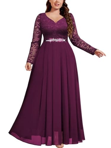 Image of MISSMAY Plus Size Floral Lace Contrast Chiffon Lantern Long Sleeves Rhinestone Waist Closing Formal Banquet Maxi Dress (0XL, Maroon)