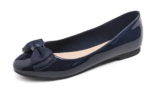 Image of Feversole Women's Round Toe Cute Bow Trim Ballet Flats Dolly Shoes Navy Patent Bow 5 UK