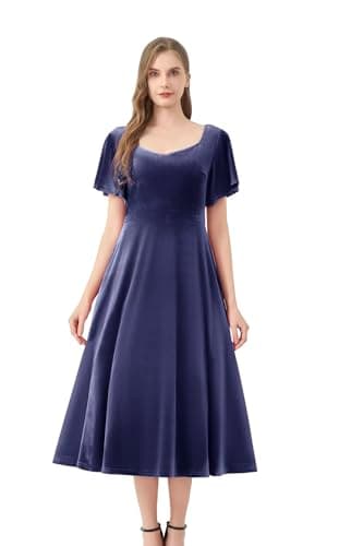 Image of AXOE Women's Velvet Evening Dress A-Line Midi for Autumn Winter Wedding Guest Cocktail Party Prom Navy Blue, UK Size 10, S