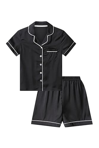 Image of ThePyjamaFactory Girls Satin Short Black Pyjama Set Summer Silk Pjs for Kids (9-10 Years)