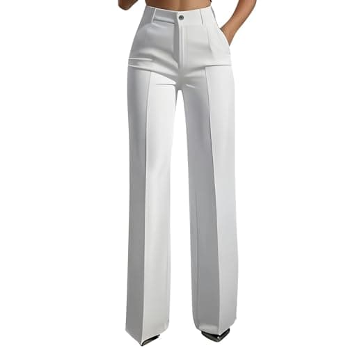 Image of Wide Leg Trousers for Women Business Smart Formal Trousers Ladies Office Work Wear Straight Suit Pants with Pockets Solid Palazzo Dressy High Waisted Pants Stretch Casual Bottoms White